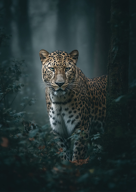 Leopard in Misty Forest