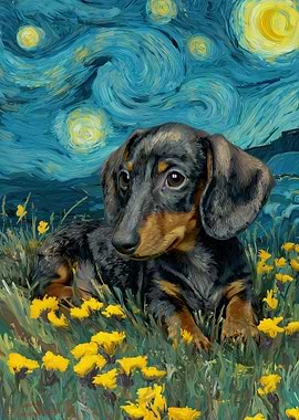 Dachshund Puppy in Starry Night Style