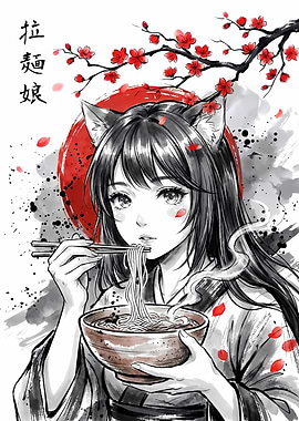 Anime Cute Girl Eating Ramen