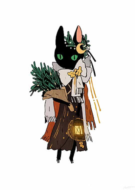 Whimsical Cat with Lantern and Greens