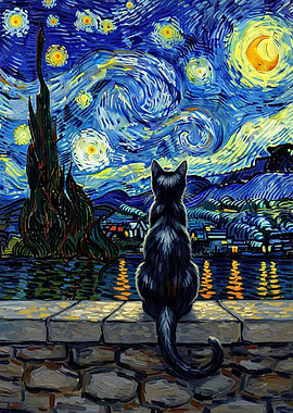 Curious black cat gazing at swirling starry night sky with crescent moon