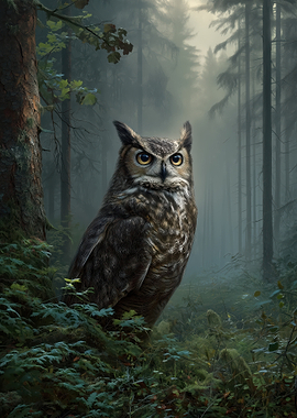 Owl in Misty Forest