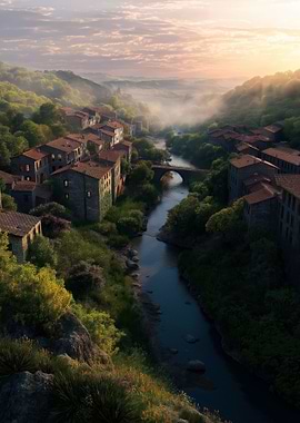 Picturesque Village by River at Sunset
