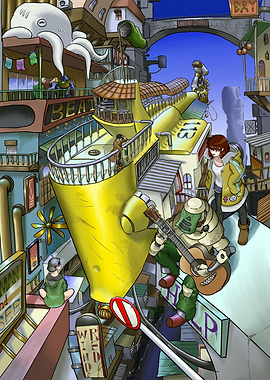 Cityscape with Yellow Submarine and Characters