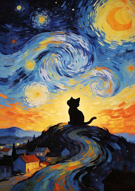 Starry Night Cat Silhouette Painting