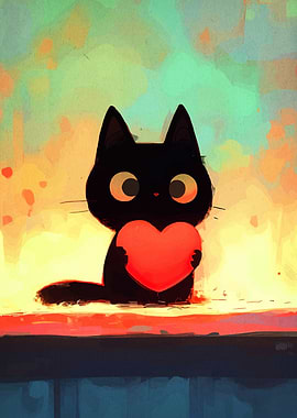 Black Cat Holding Red Heart