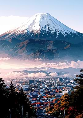 Mount Fuji and Cityscape Illustration