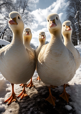 Five White Ducks in Winter Landscape