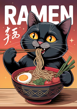 Cat eating ramen illustration