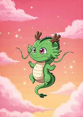 Cute Green Dragon in the Sky