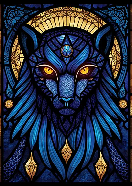 Stained Glass Blue Panther Portrait