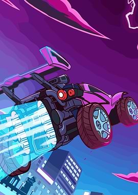 Rocket League Car Flying Over City