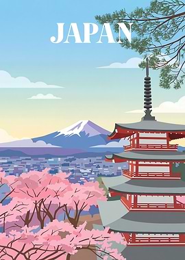 Japan Travel Poster with Pagoda and Fuji