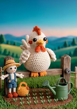 Crochet Chicken and Farmer Miniature Scene