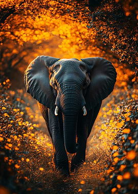 Elephant Walking Through Golden Field