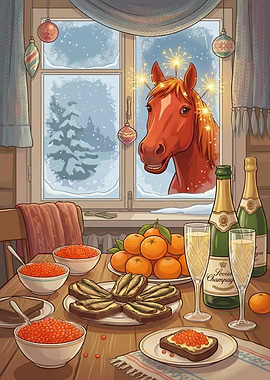 Festive Horse at Winter Window
