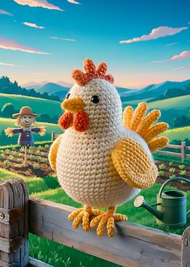 Crochet Chicken on Farm Fence