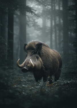 Wild Boar in Misty Forest