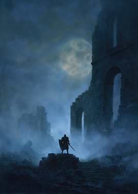 Knight in Ruins Under Moonlight