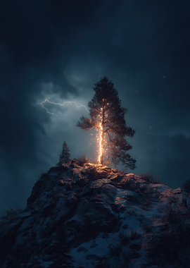 Lightning Strikes a Tree on a Hill