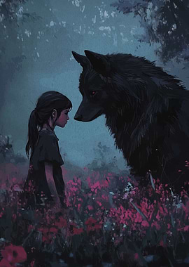 Girl and Wolf in Flower Field