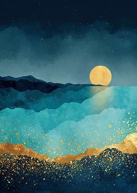 Golden Moon Over Teal Landscape