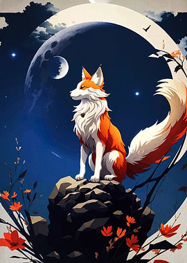 Fox on Rock Under Moonlight