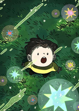 Boy Gazing at Floating Star Orbs