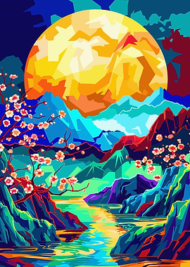Colorful Asian Landscape with Moon