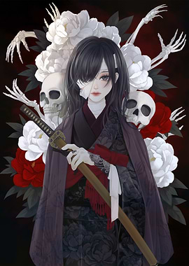 Anime Girl with Katana and Skulls