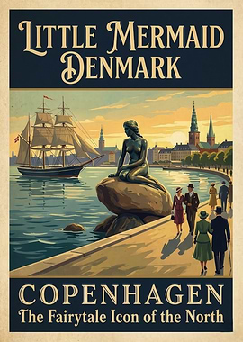 Little Mermaid Denmark Copenhagen Travel Poster
