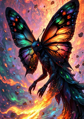 Butterfly humanoid creature in fiery sky