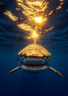 Shark underwater with sun reflection
