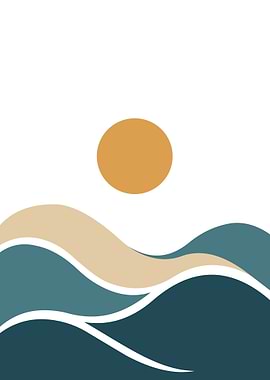 Minimalist Landscape with Sun and Waves