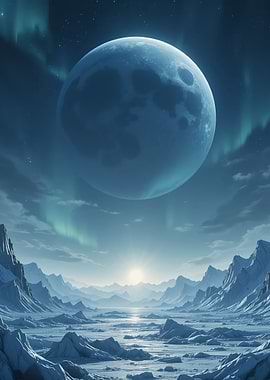 Arctic Landscape with Moon and Aurora