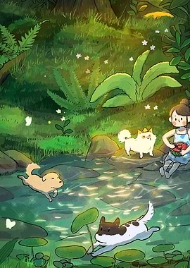 Girl with animals in forest pond