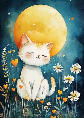 Cute Cat Under the Moon