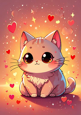 Cute Cartoon Cat with Hearts