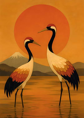 Two Cranes with Rising Sun