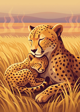 Cheetah Mother and Cub Illustration