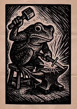 Frog Blacksmith Woodcut