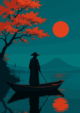 Japanese Boatman Under Red Moon