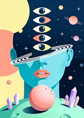 Surreal Cosmic Portrait with Eyes and Planets