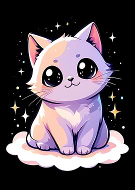 Cute Cartoon Cat on Cloud