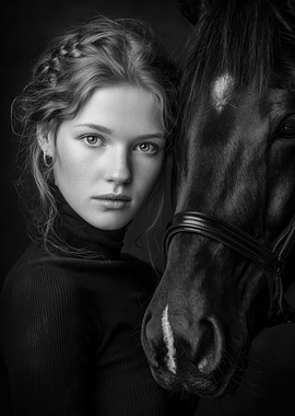 Black and White Portrait: Girl and Horse