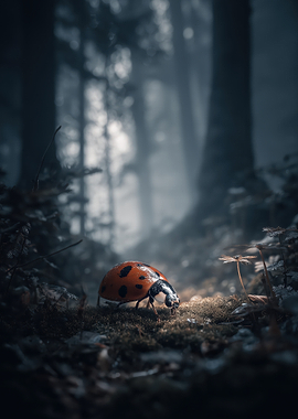 Ladybug in a Misty Forest