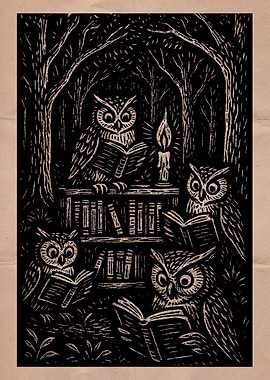 Owls Reading in Forest Illustration