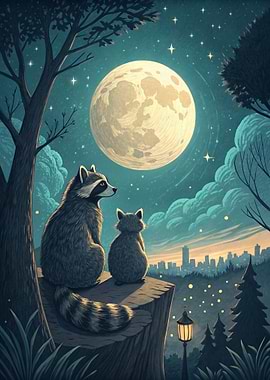 Raccoons under the moonlight