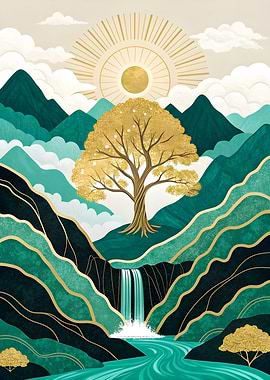 Radiant Valley A Golden Tree and Cascading Waterfall Nature Inspired Art
