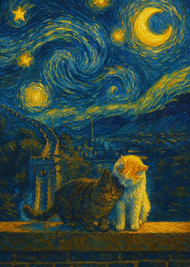 Cats under Starry Night sky